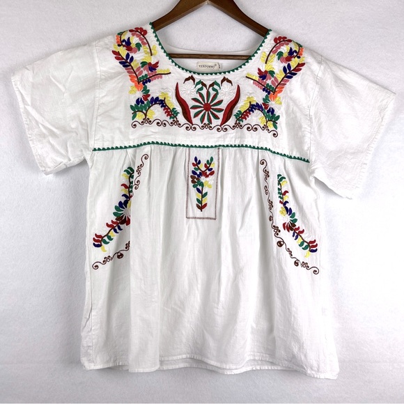 YZXDORWJ Tops - 100% Cotton Embroidered Mexican Boho White Multicolor Lightweight Breathable XL